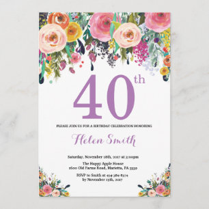Floral 40th Birthday Invitation Paars Kaart