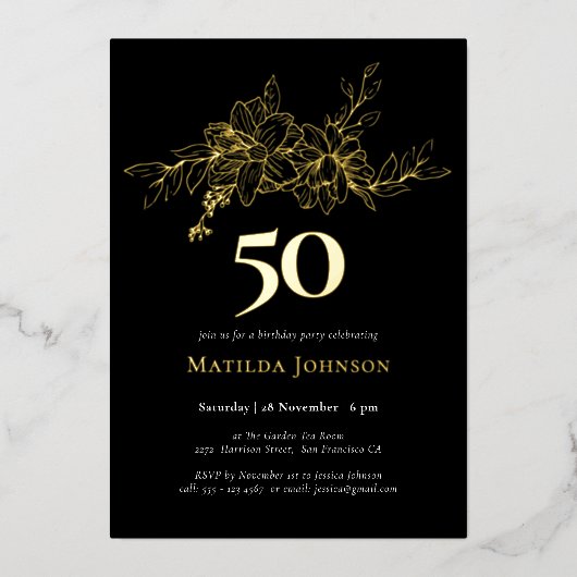 Floral 50e anniversaire Gold Foil Invitation (Recto)