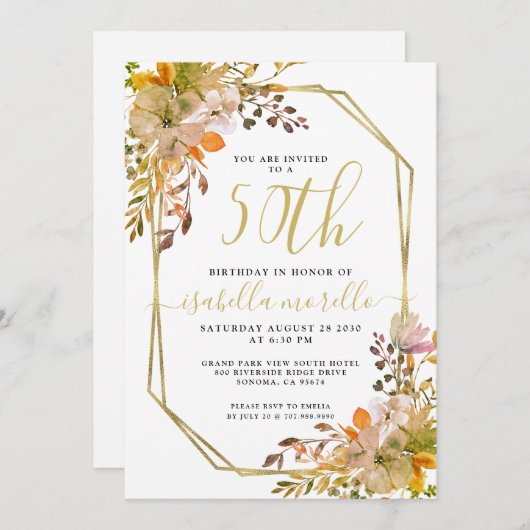 Floral 50e Anniversaire Gold Frame Invitation (Devant / Derrière)