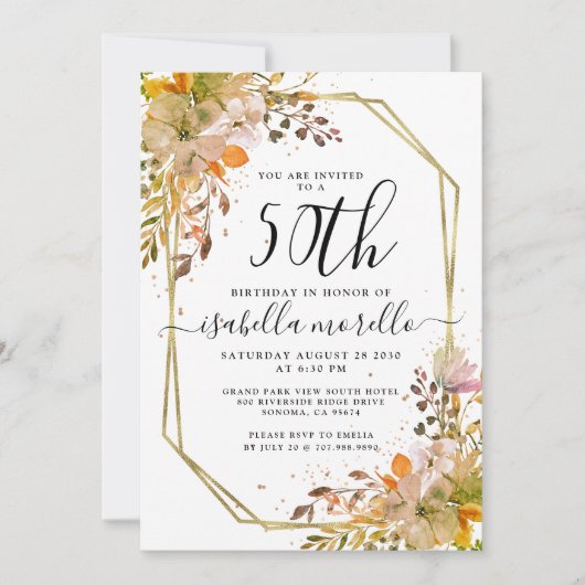 Floral 50e anniversaire Gold Invitation (Devant)
