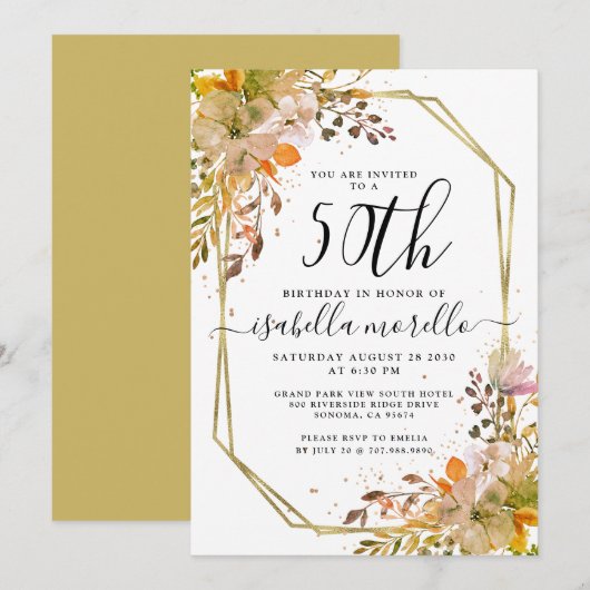 Floral 50e anniversaire Gold Invitation (Devant / Derrière)