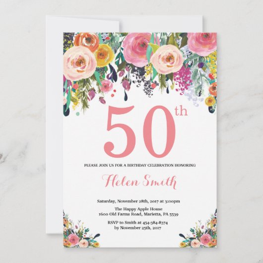 Floral 50e anniversaire Invitation rose (Devant)