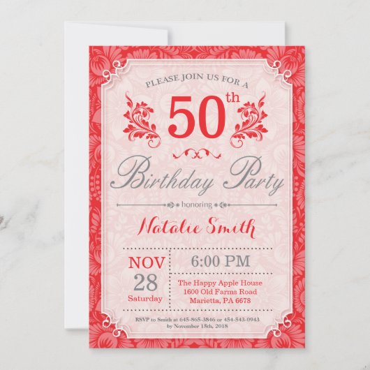 Floral 50e anniversaire Invitation Rouge pour les (Devant)