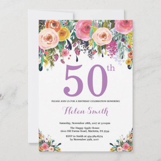Floral 50e anniversaire Invitation violet (Devant)