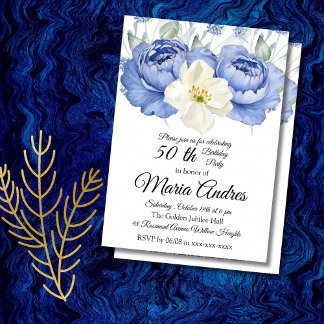Floral 50th Birthday Elegant Watercolor white blue Kaart