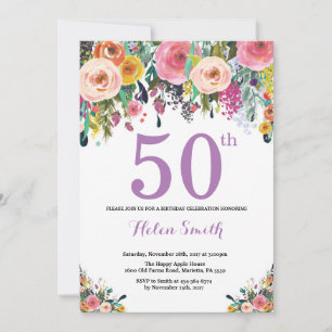Floral 50th Birthday Invitation Paars Kaart