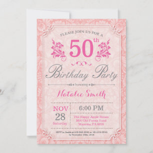 Floral 50th Birthday Invitation Pink for Women Kaart