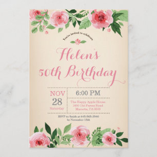 Floral 50th Birthday Invitation Pink Waterverf Kaart