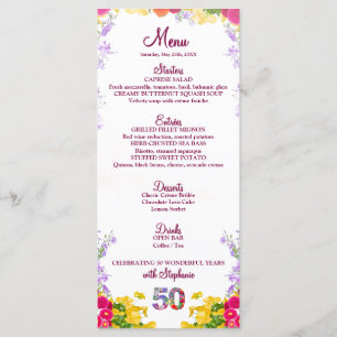 Floral 50th Birthday Menu Card élégant 50 ans