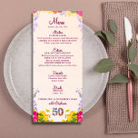 Floral 50th Birthday Menu Card élégant 50 ans<br><div class="desc">Floral 50th Birthday Menu Card élégant 50 ans. Fêtez une étape spéciale avec cette carte de menu élégante et personnalisable, idéale pour une fête de 50e anniversaire. La partie avant comporte des sections joliment conçues pour les entrées, les entrées, les desserts et les boissons. Le dos offre un message sincère....</div>