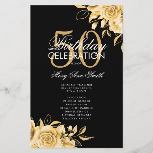 Floral 50th Birthday Program Gold & Black met Menu (Voorkant)