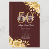 Floral 50th Birthday Program Gold & Bourgogne Menu (Voorkant / Achterkant)