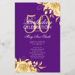 Floral 50th Birthday Program Gold & Purple Menu<br><div class="desc">Design élégant "Programme de fête d'anniversaire" avec arrangement floral en or avec texte personnalisé.</div>