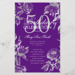 Floral 50th Birthday Program Silver Purple Menu<br><div class="desc">Design élégant "Programme de fête d'anniversaire" avec arrangement floral en argent avec texte personnalisé.</div>
