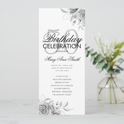 Floral 50th Birthday Programme Argent avec menu (Debout devant)