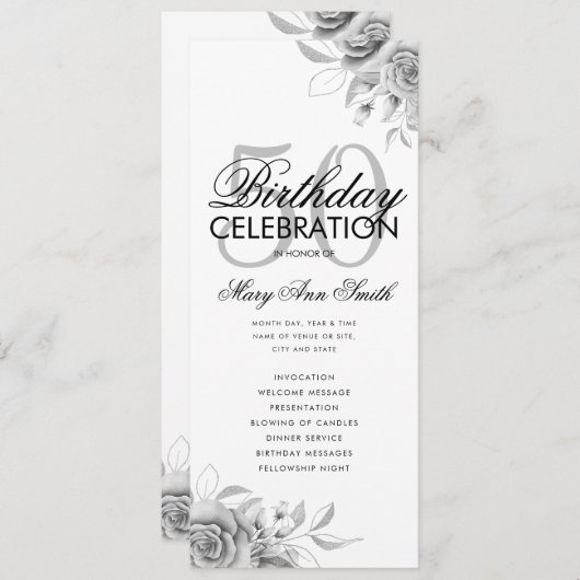 Floral 50th Birthday Programme Argent avec menu (Devant / Derrière)