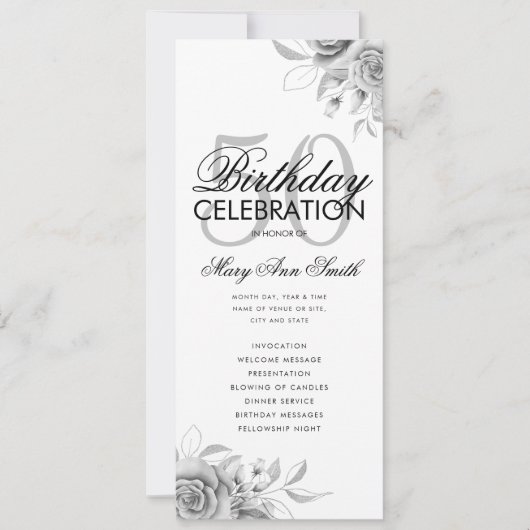 Floral 50th Birthday Programme Argent avec menu (Devant)