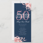 Floral 50th Birthday Programme Rose Gold Navy Menu<br><div class="desc">Design élégant "Programme de fête d'anniversaire" avec arrangement floral en or Rose avec texte personnalisé.</div>