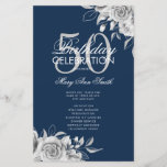 Floral 50th Birthday Programme Silver Navy avec me<br><div class="desc">Design élégant "Programme de fête d'anniversaire" avec arrangement floral en argent avec texte personnalisé.</div>