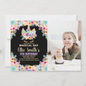 Floral 5e Photo Unicorn Invitations Anniversaire (Devant)