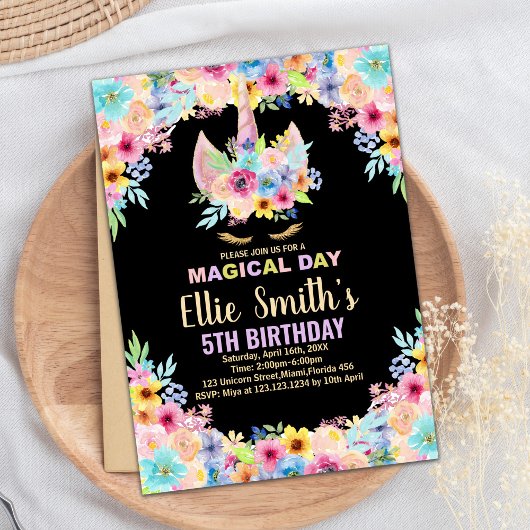 Floral 5e Unicorn Invitations d'anniversaire