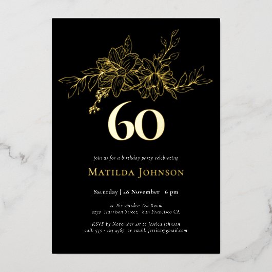 Floral 60e anniversaire Gold Foil Invitation (Recto)
