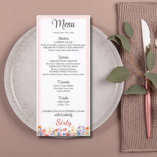 Floral 60e Anniversaire Menu Cartes 60 fleurs menu
