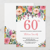 Floral 60th Birthday Invitation Pink Kaart (Voorkant / Achterkant)