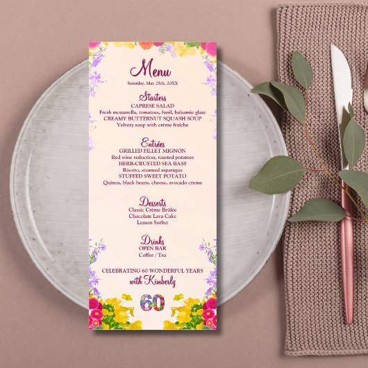 Floral 60th Birthday Menu Card élégant 60 ans