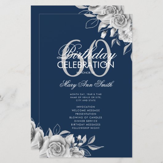 Floral 60th Birthday Program Silver met Menu Navy (Voorkant / Achterkant)