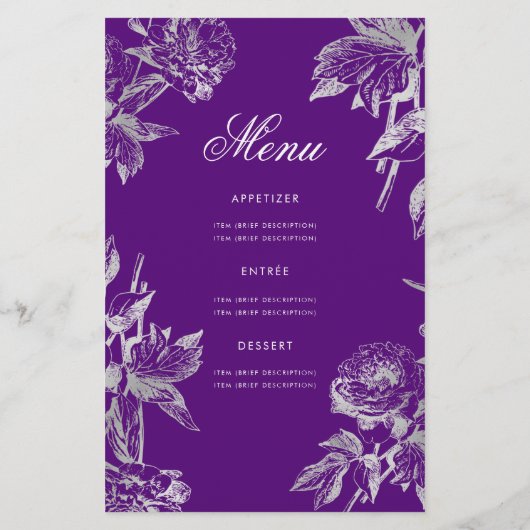 Floral 60th Birthday Program Silver Paars Menu (Achterkant)