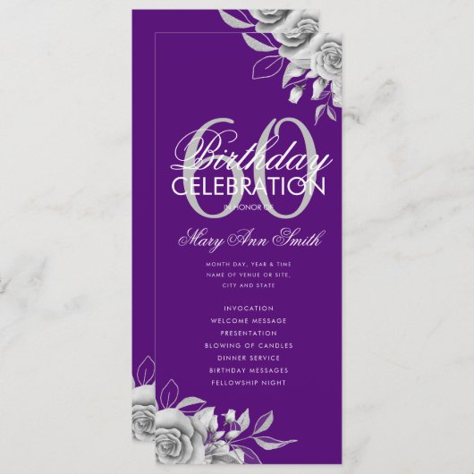 Floral 60th Birthday Program Silver Paars met Menu Kaart (Voorkant / Achterkant)
