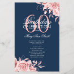 Floral 60th Birthday Programme Rose Gold Navy Menu<br><div class="desc">Design élégant "Programme de fête d'anniversaire" avec arrangement floral en or Rose avec texte personnalisé.</div>