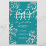 Floral 60th Birthday Programme Silver Menu Turquoi<br><div class="desc">Design élégant "Programme de fête d'anniversaire" avec arrangement floral en argent avec texte personnalisé.</div>