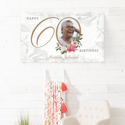 Floral 60th Birthday White Gold Chic - aangepaste Spandoek (Insitu)