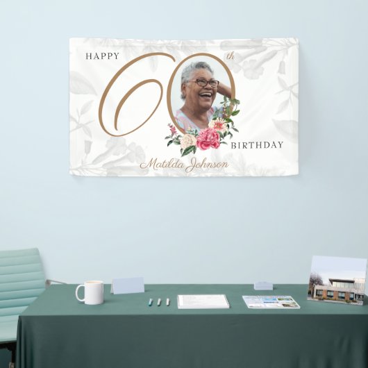 Floral 60th Birthday White Gold Chic - aangepaste Spandoek (Beurs)