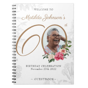 Floral 60th Birthday White Gold Photo Guestbook Notitieboek