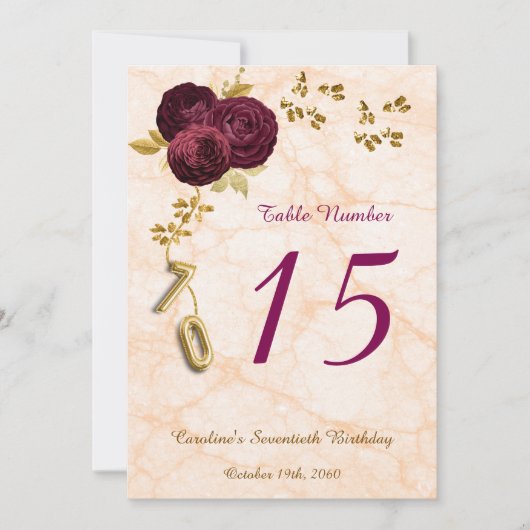 Floral 70 Birthday, Gold Foil Balloon Table Number Feestdagenkaart (Voorkant)