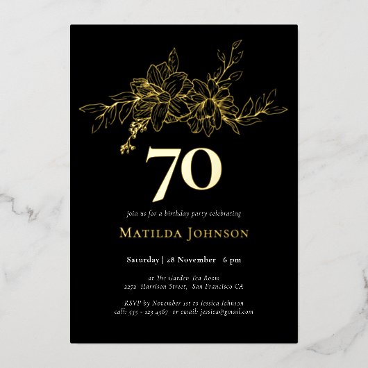 Floral 70e anniversaire Gold Foil Invitation (Recto)