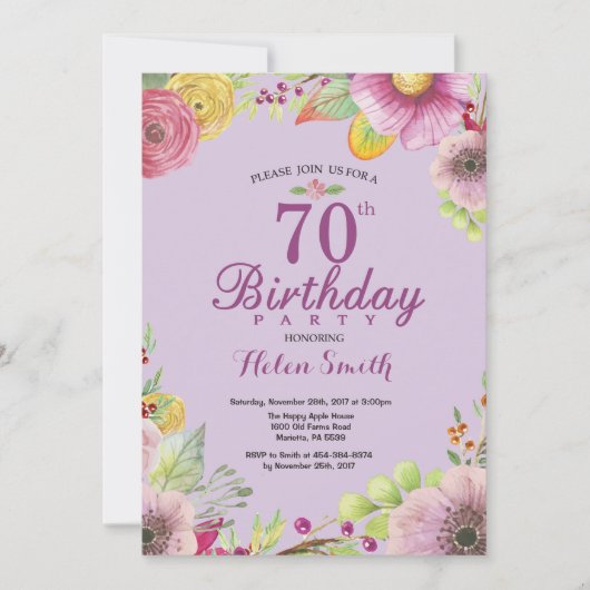 Floral 70e anniversaire Invitation pour les femmes (Devant)
