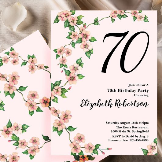 Floral 70th Birthday Invitation in Blush Pink