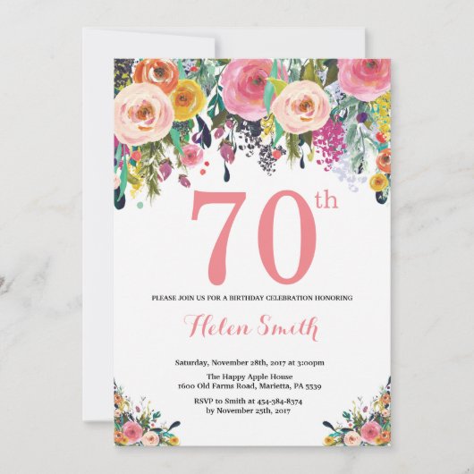 Floral 70th Birthday Invitation Pink Kaart (Voorkant)