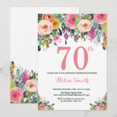 Floral 70th Birthday Invitation Pink Kaart (Voorkant / Achterkant)