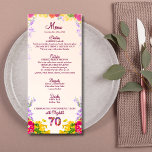 Floral 70th Birthday Menu Card élégant 70 ans<br><div class="desc">Floral 70th Birthday Menu Card élégant 80 ans. Fêtez une étape spéciale avec cette carte de menu élégante et personnalisable, idéale pour une fête de 70e anniversaire. La partie avant comporte des sections joliment conçues pour les entrées, les entrées, les desserts et les boissons. Le dos offre un message sincère....</div>