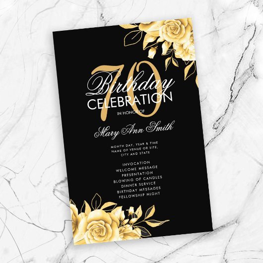 Floral 70th Birthday Program Gold & Black met Menu