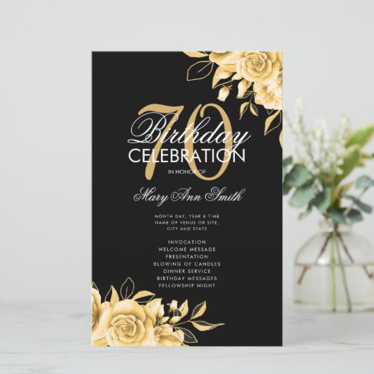 Floral 70th Birthday Program Gold & Black met Menu (Staand voorkant)