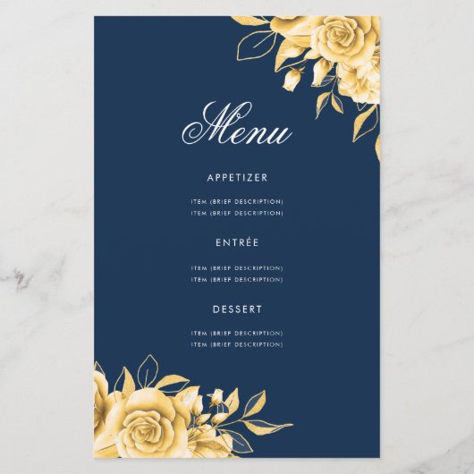 Floral 70th Birthday Program Gold & Navy avec menu (Dos)