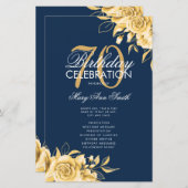 Floral 70th Birthday Program Gold & Navy avec menu (Devant / Derrière)