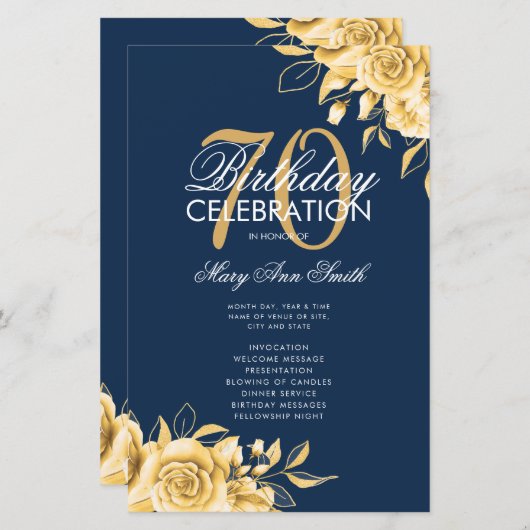 Floral 70th Birthday Program Gold & Navy avec menu (Devant / Derrière)