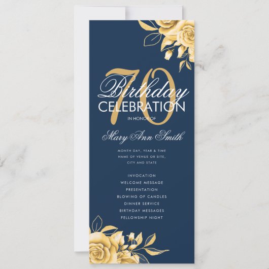 Floral 70th Birthday Program Gold & Navy met menu Kaart (Voorkant)